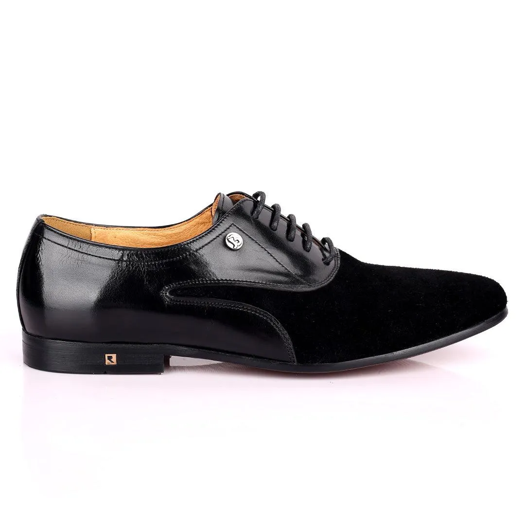 Ross Exquisite Half Suede Designed Lace up Leather Shoe - Black