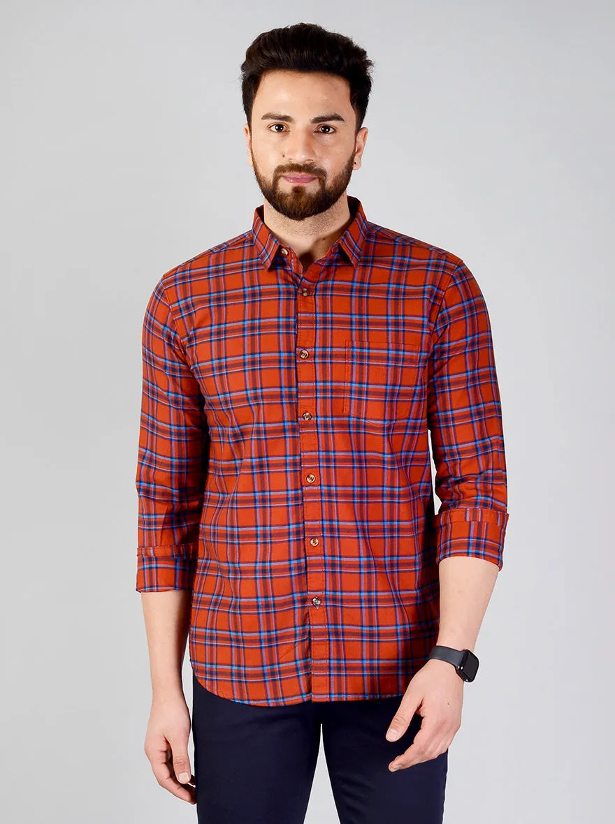 Rustic Orange Checked Slim Fit Casual Shirt | JadeBlue