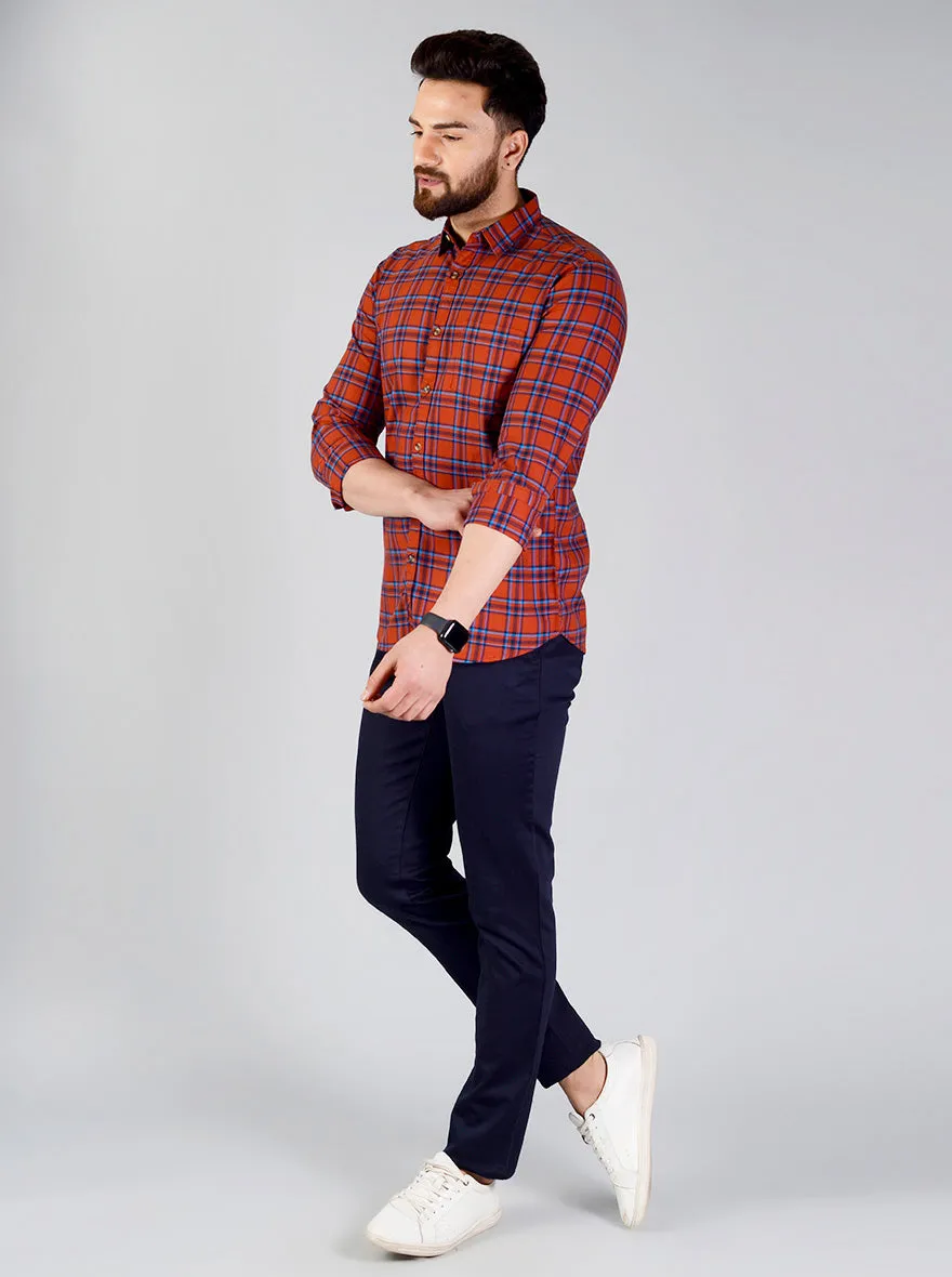 Rustic Orange Checked Slim Fit Casual Shirt | JadeBlue