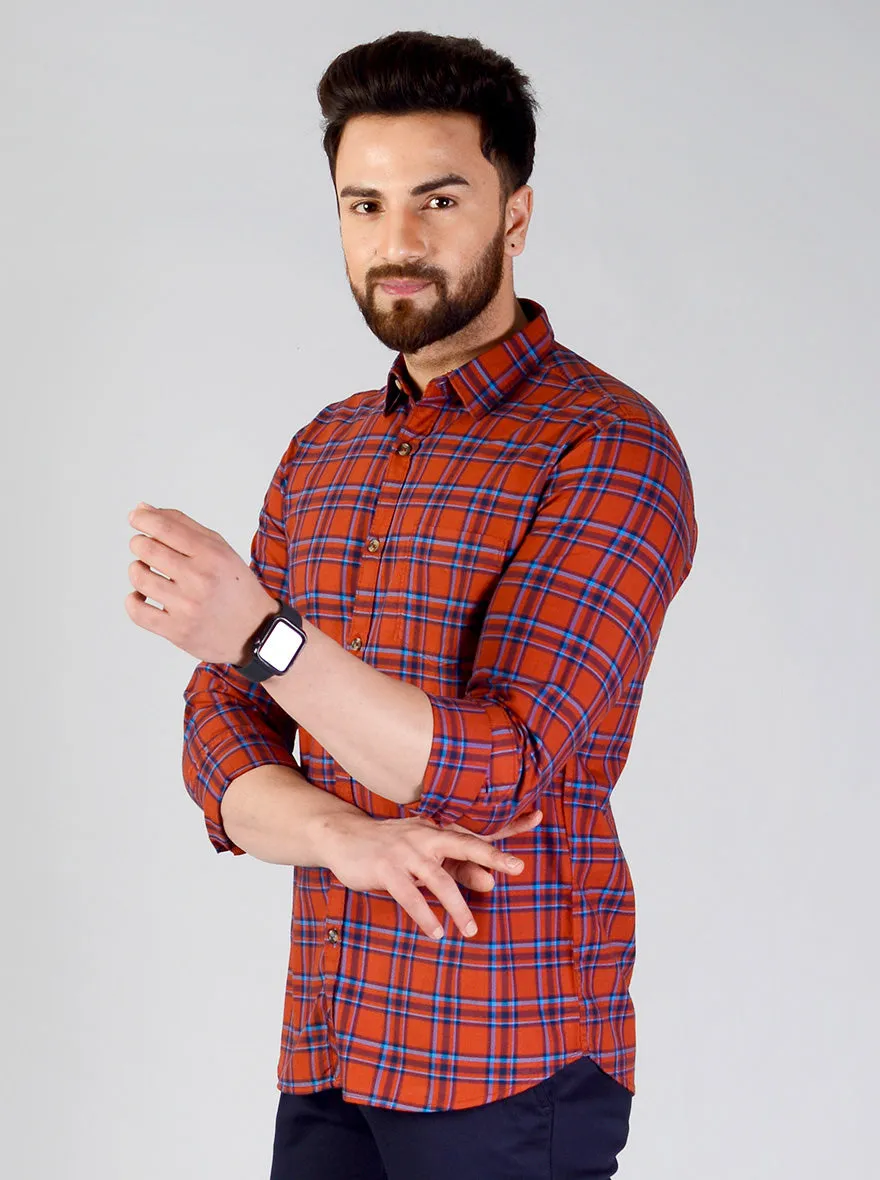 Rustic Orange Checked Slim Fit Casual Shirt | JadeBlue