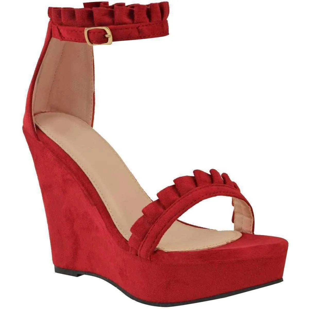 Sexy Red Faux Suede Ruffled High Heel Platform Wedge Wedding Sandals