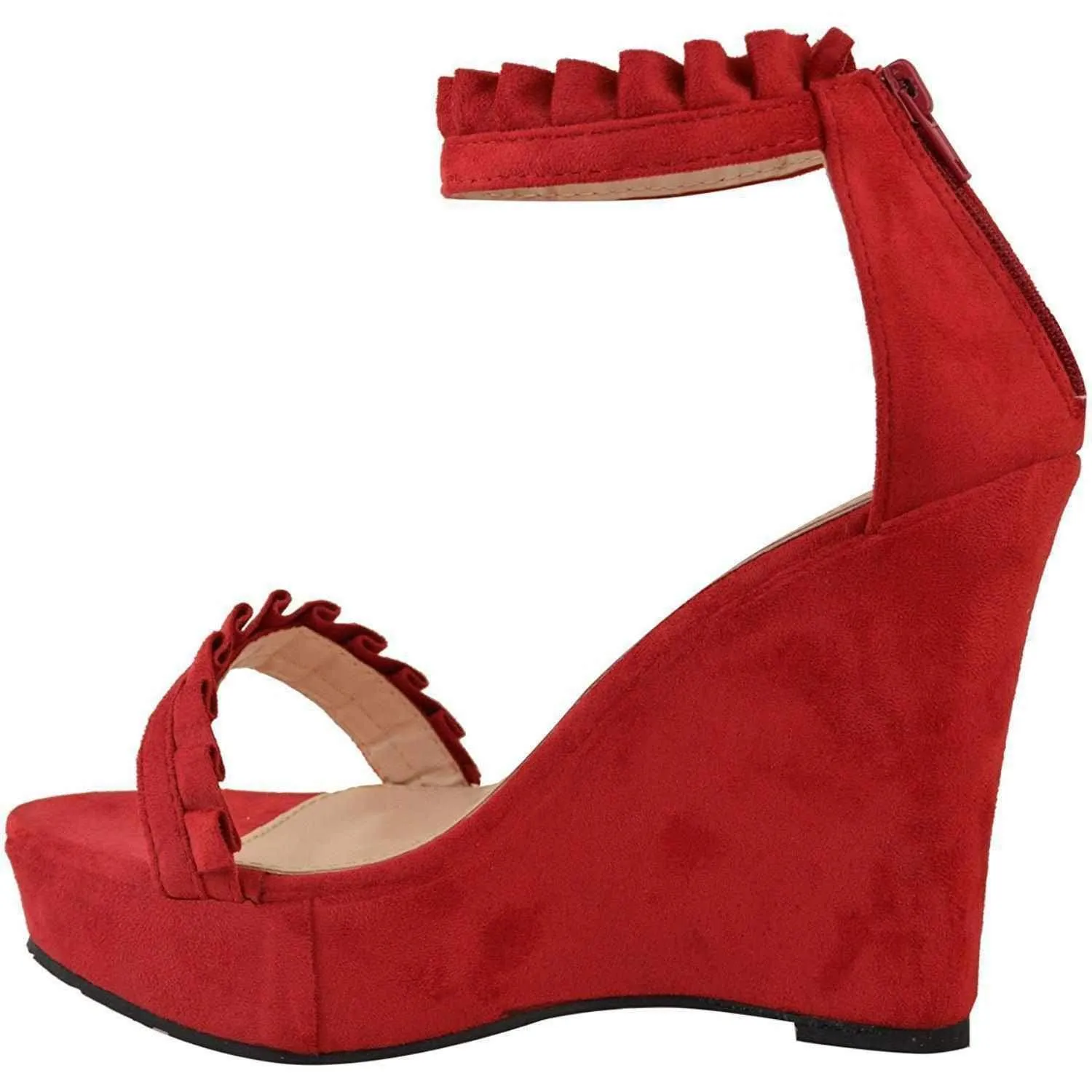 Sexy Red Faux Suede Ruffled High Heel Platform Wedge Wedding Sandals