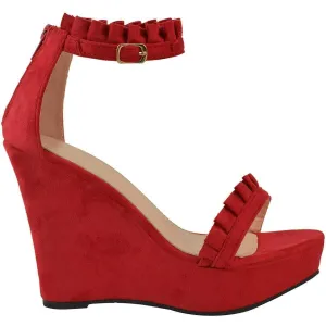 Sexy Red Faux Suede Ruffled High Heel Platform Wedge Wedding Sandals