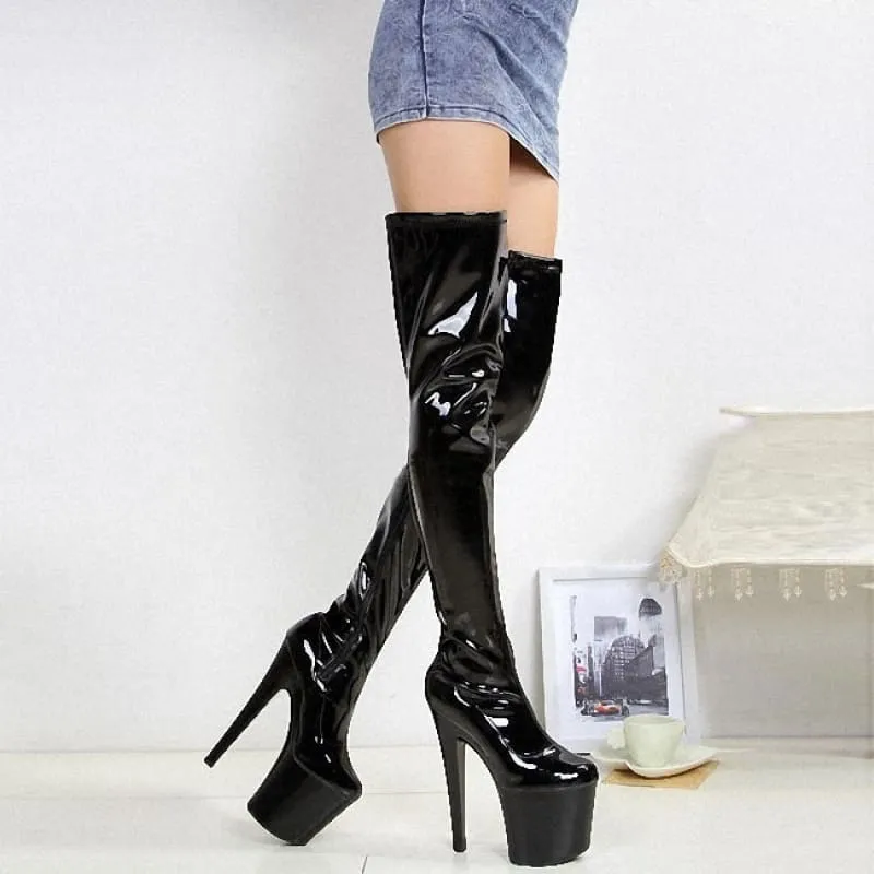 Shiny Red Thigh Length Platform Boots with 8 Inch Stiletto Heel