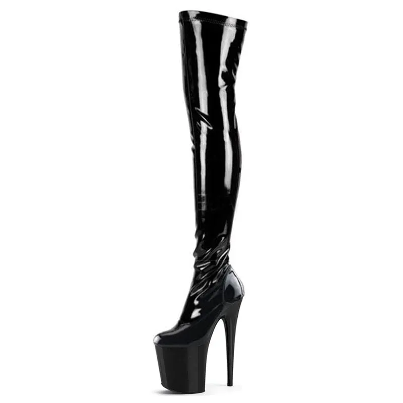 Shiny Red Thigh Length Platform Boots with 8 Inch Stiletto Heel