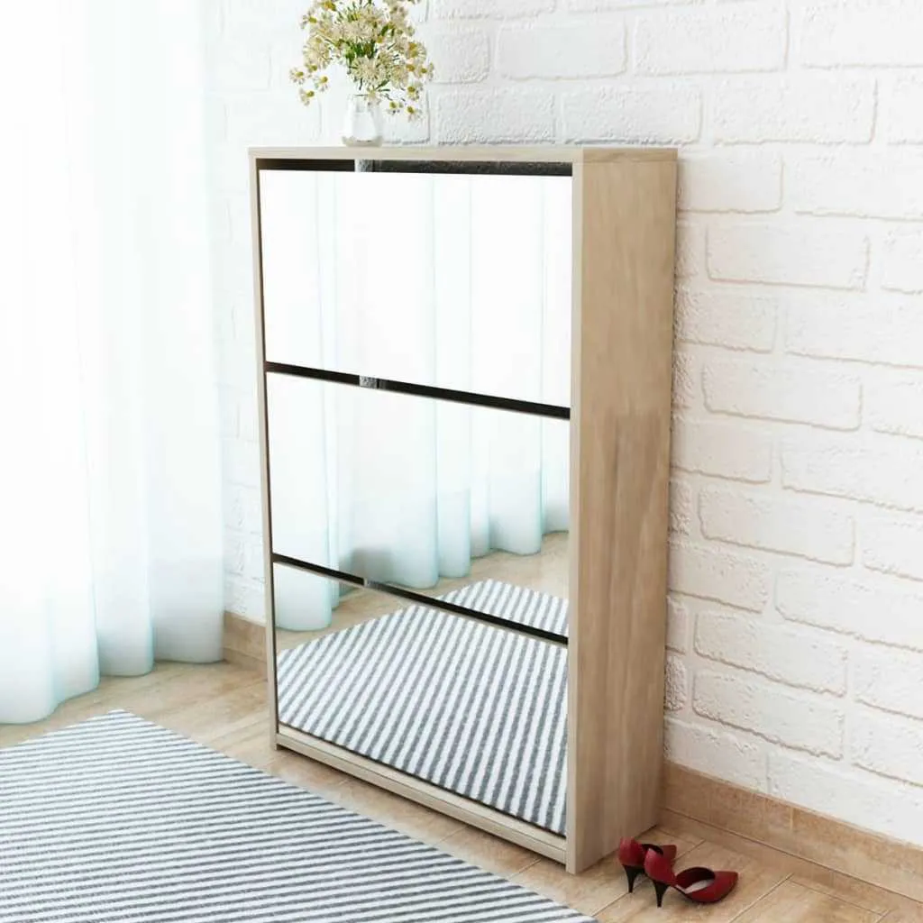 Shoe Cabinet 3-Layer Mirror Oak 63x17x102.5 cm