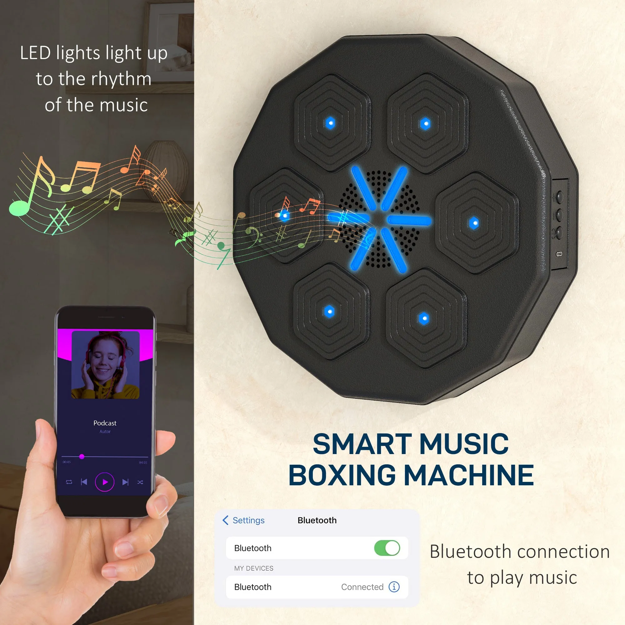 Smart Music Boxing Machine with Bluetooth Connection and LED Light