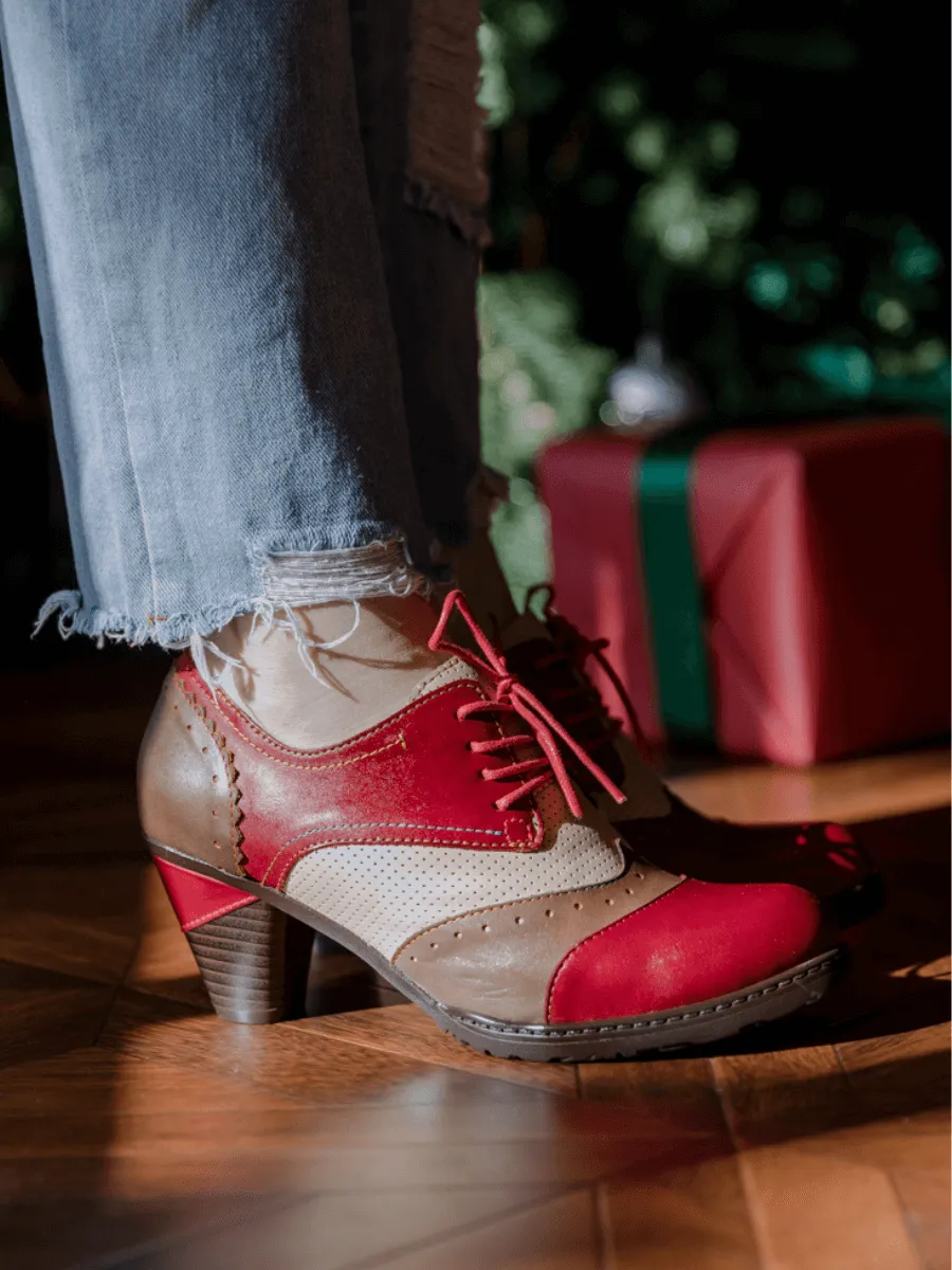 SOFFIA | COLOR BLOCK BLOCK HEEL LEATHER OXFORD - RED