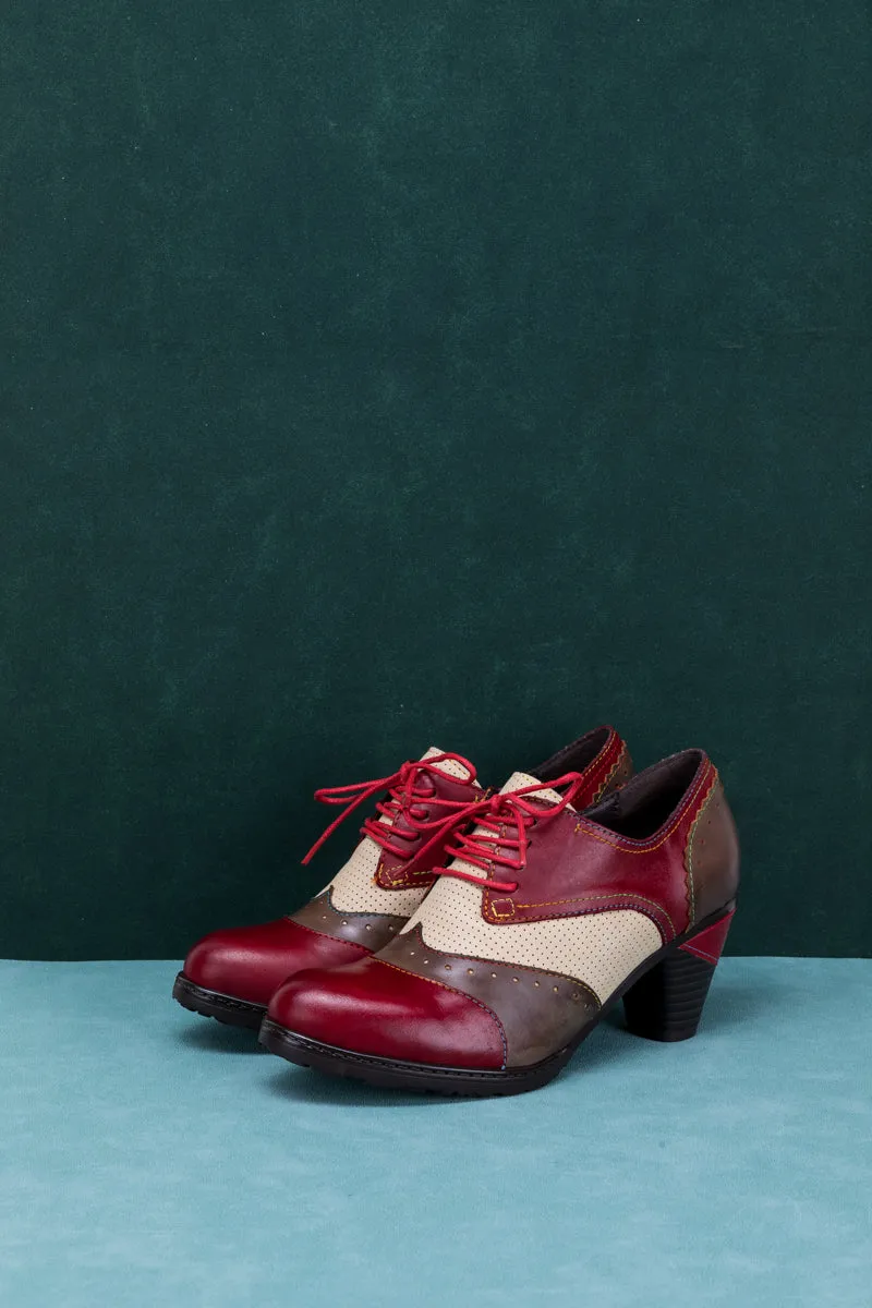 SOFFIA | COLOR BLOCK BLOCK HEEL LEATHER OXFORD - RED