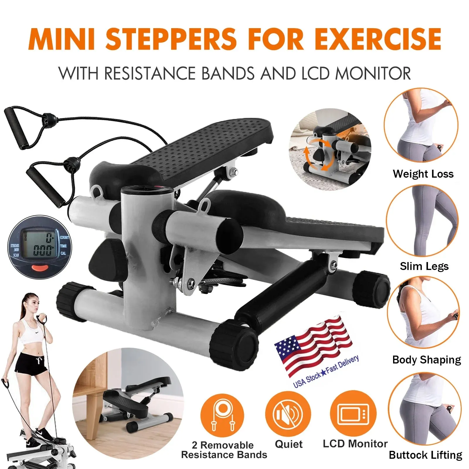 Steppers for Exercise,Stair Stepper with Resistance Bands,Mini Aerobic Stepper Exercise Machine,Stair Climber Equipment with LCD Monitor,White