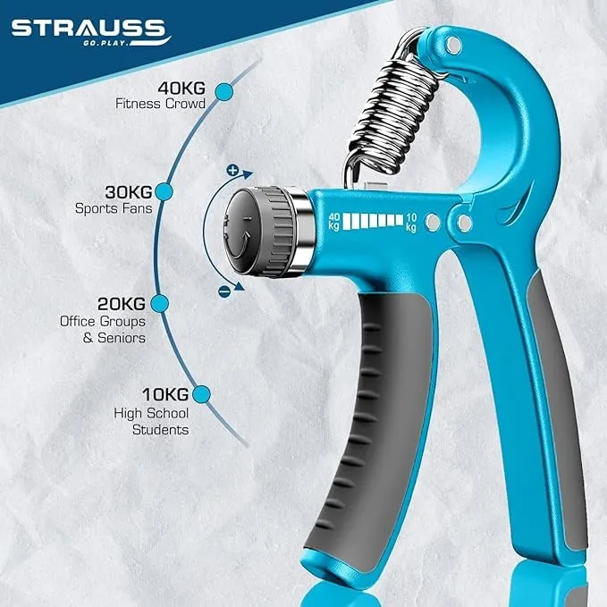 Strauss Adjustable Hand Grip| Adjustable Resistance (10KG - 40KG) | Hand Gripper for Home & Gym Workouts | Perfect for Finger & Forearm Hand Exercises & Strength Building (Black/Blue) Pack of 3