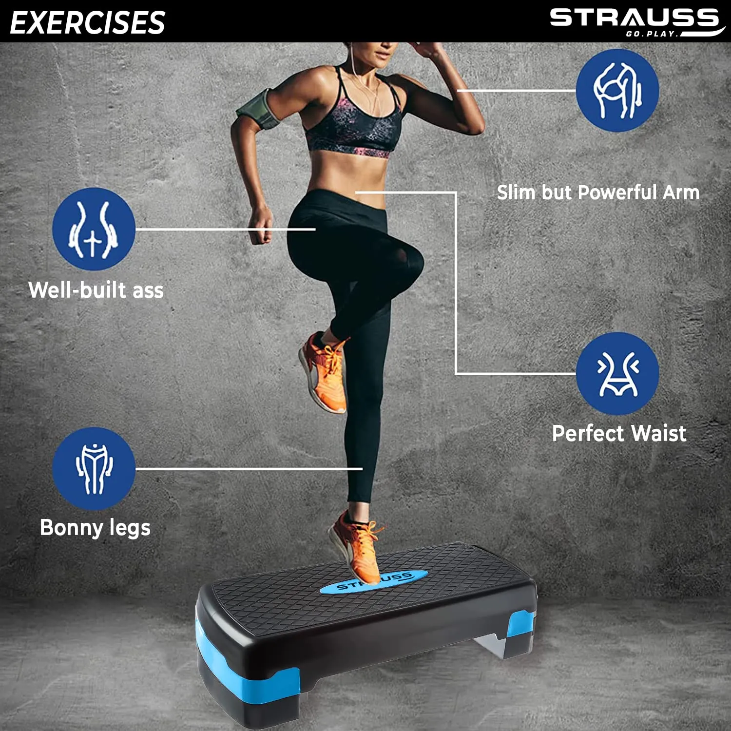 Strauss Aerobic Stepper | Two Height Level Adjustments - 4 inches and 6 inches | Slip-Resistant & Shock Absorbing Platform for Extra-Durability - Supports Upto 200 KG, (Blue)