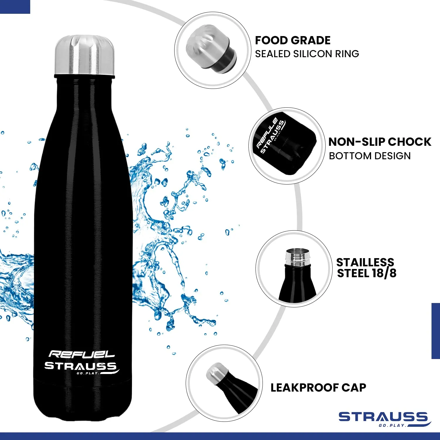 Strauss Refuel Steel Water Bottle | Leak Proof & Rust Free | Ideal for Office, Gym, Sports, Kitchen, Hiking, Trekking & Travel | Vacuum Insulated,(Black)