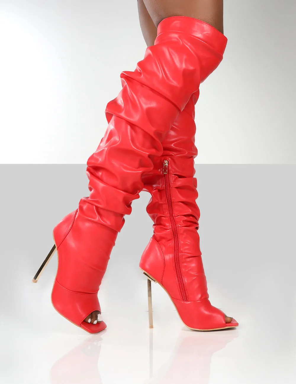 Surrender Red Ruched Knee High Stilleto Open Toe Boots