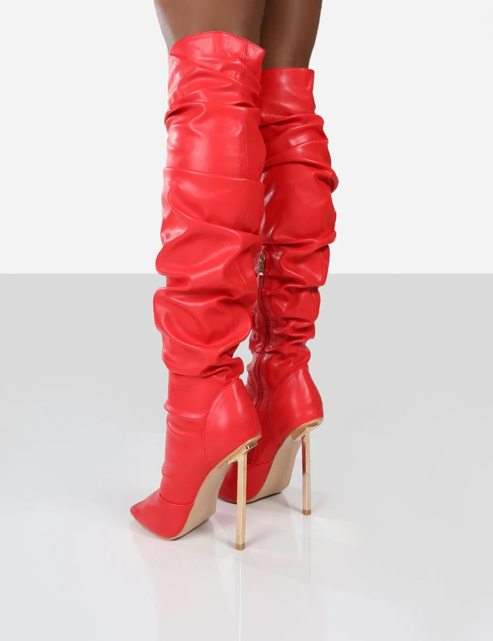 Surrender Red Ruched Knee High Stilleto Open Toe Boots