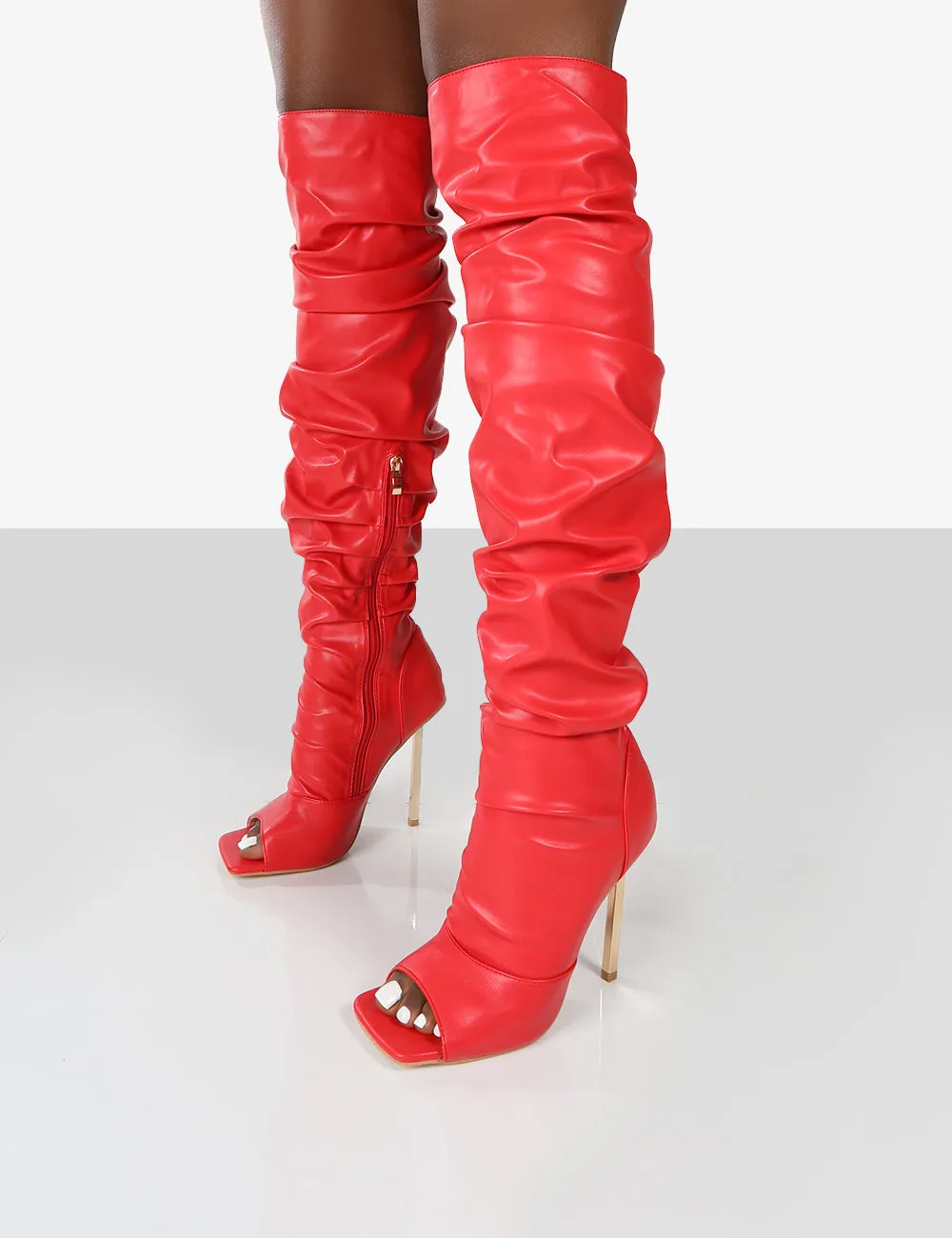 Surrender Red Ruched Knee High Stilleto Open Toe Boots