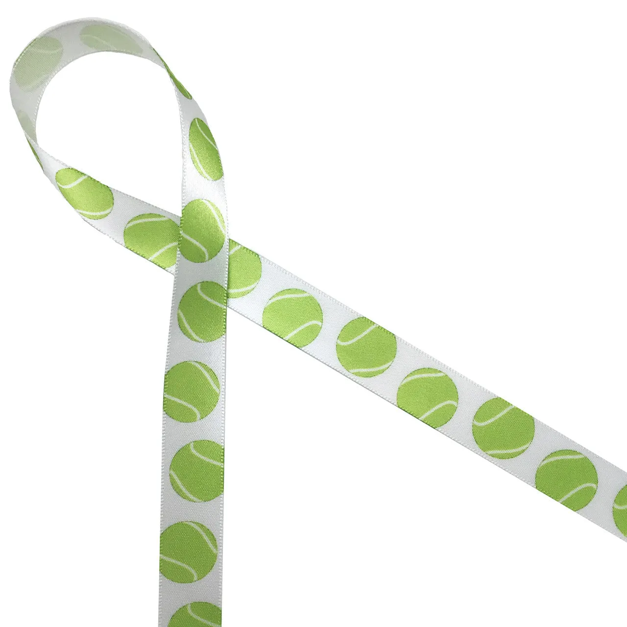 Tennis Ribbon green tennis balls bounce along on a white background printed on 5/8" single face satin