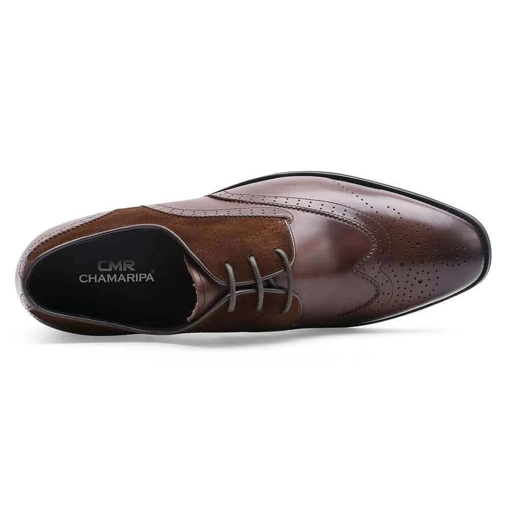 This item only ships to Europe - 7CM / 2.76 Inches - CMR CHAMARIPA Men's Raised Heel Shoes - Elevator Dress Shoes - Brown Leather Business Derby Shoes
