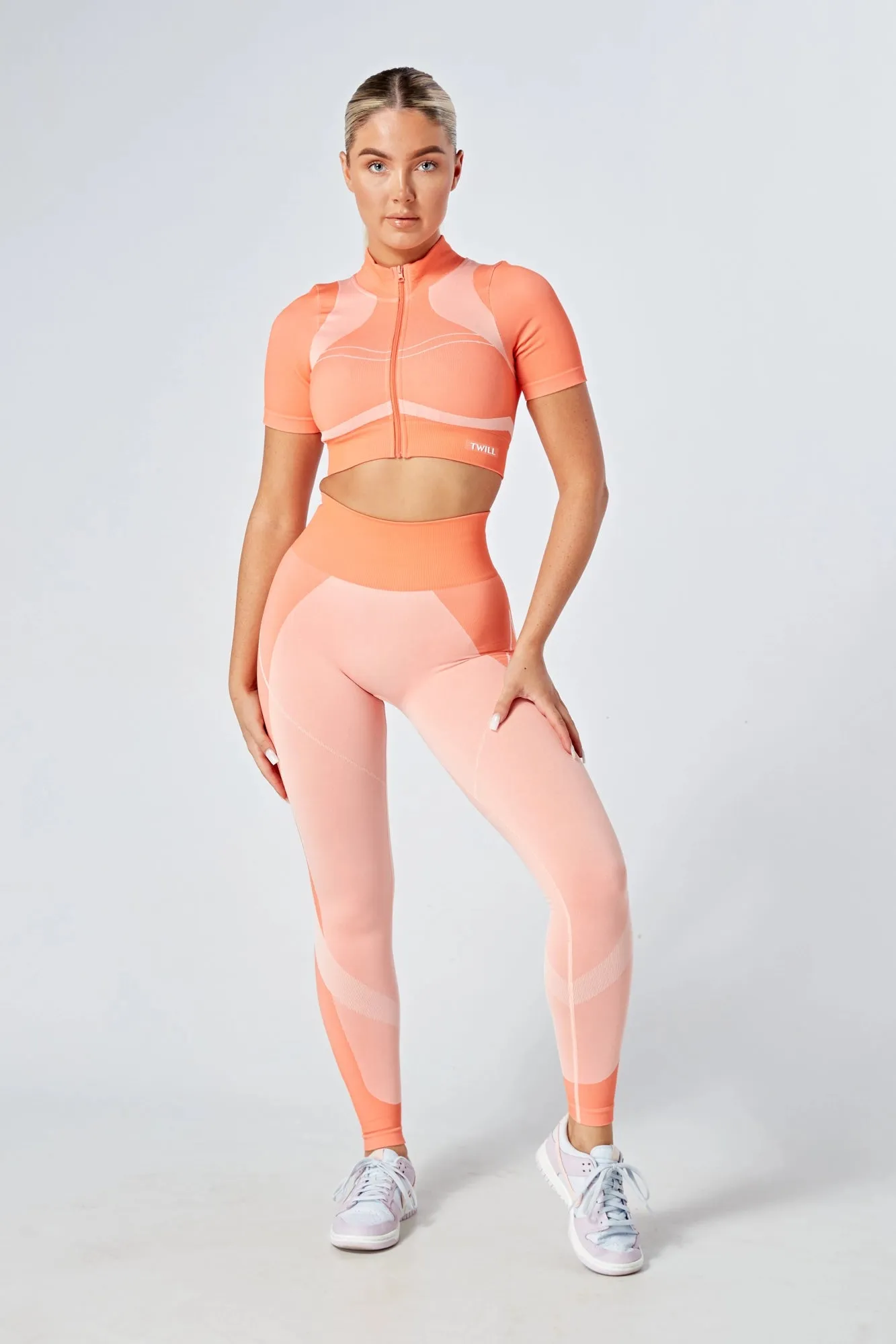 Twill Active Recycled Colour Block Zip-up Crop Top Coral