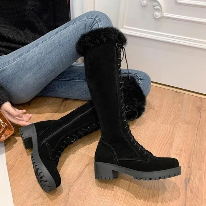 Women chunky heel knee high faux fur winter lace up boots