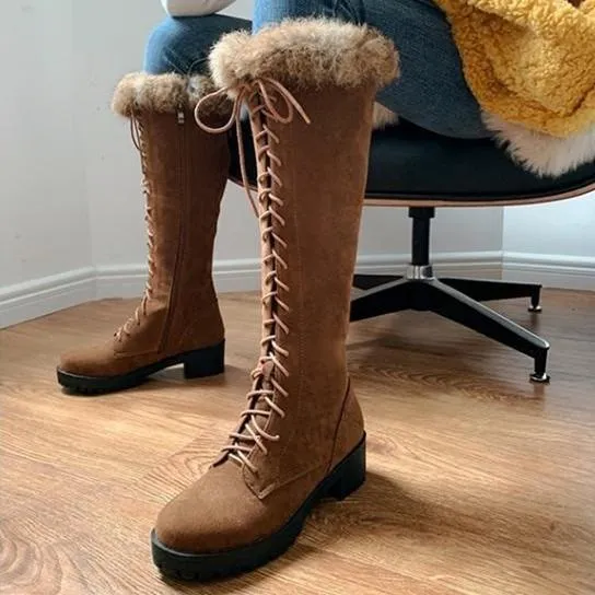 Women chunky heel knee high faux fur winter lace up boots