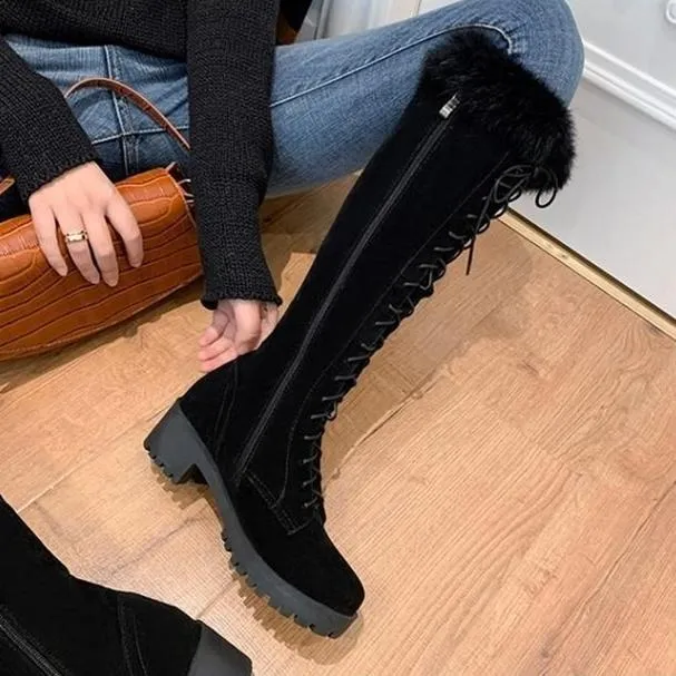 Women chunky heel knee high faux fur winter lace up boots