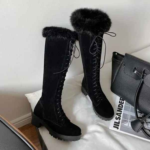 Women chunky heel knee high faux fur winter lace up boots