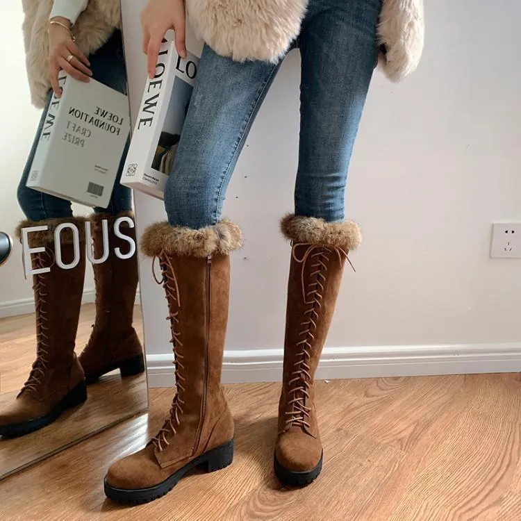 Women chunky heel knee high faux fur winter lace up boots