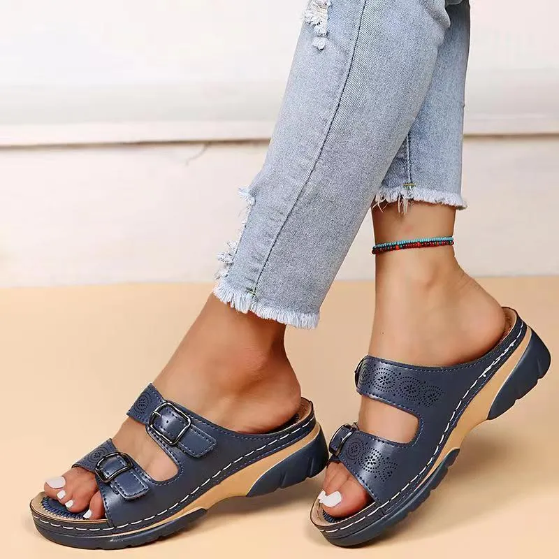 Women Hollow Stylish Buckle PU Wedge Round Sandals