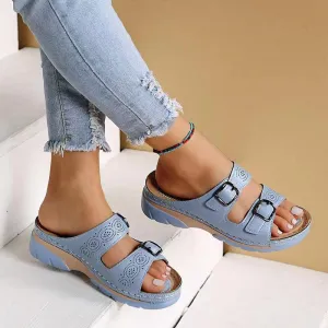 Women Hollow Stylish Buckle PU Wedge Round Sandals