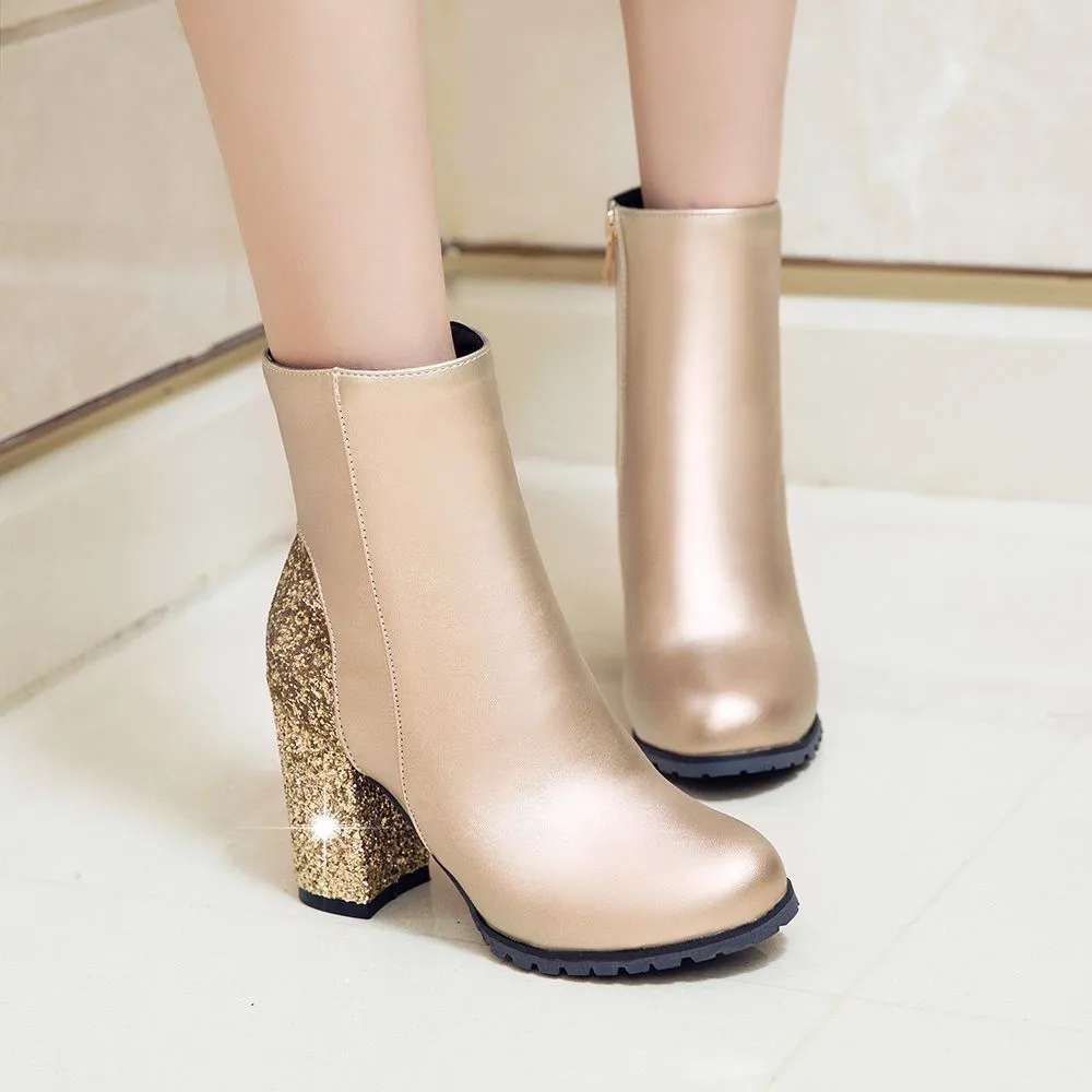 Women sequin chunky heel fashion side zipper short boots