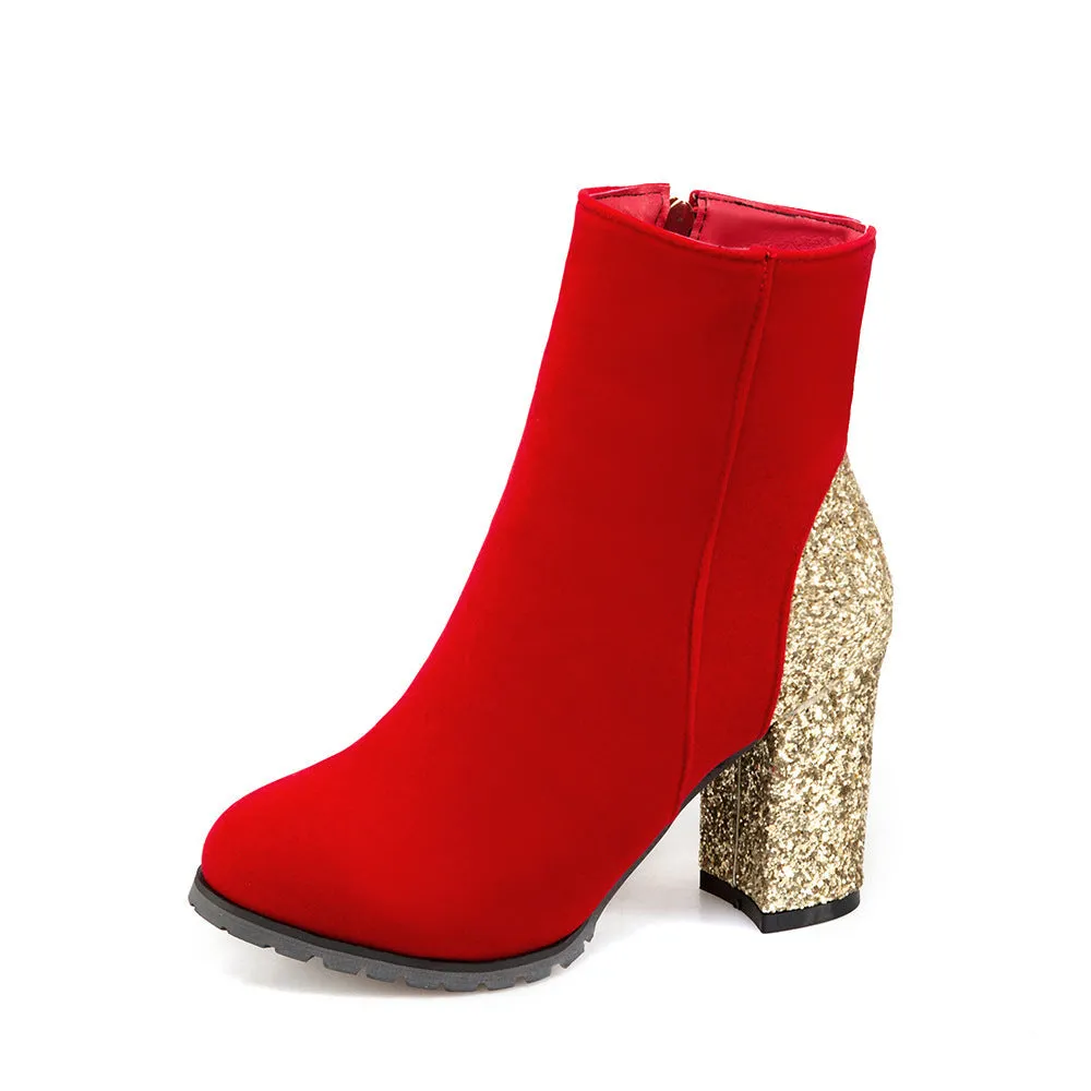 Women sequin chunky heel fashion side zipper short boots