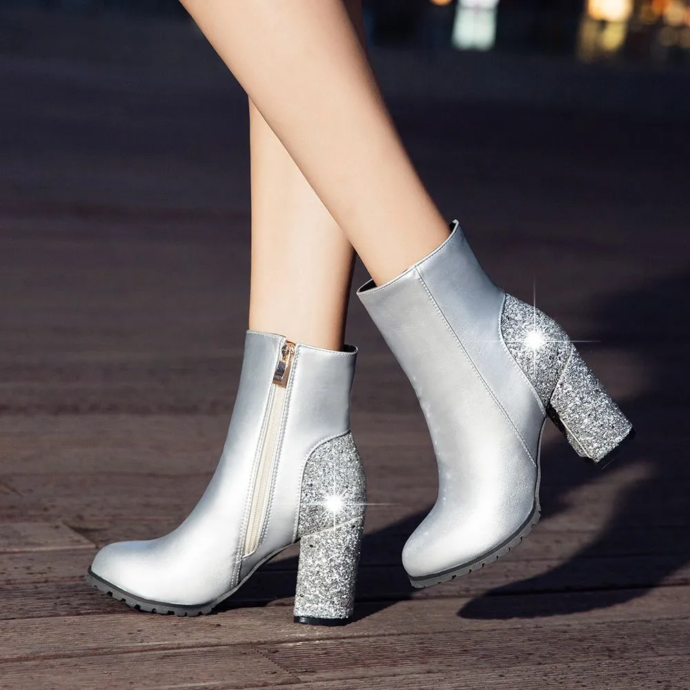 Women sequin chunky heel fashion side zipper short boots