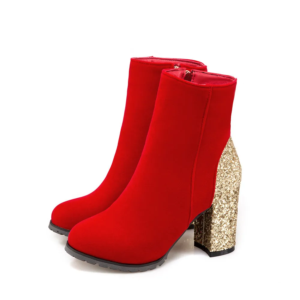 Women sequin chunky heel fashion side zipper short boots