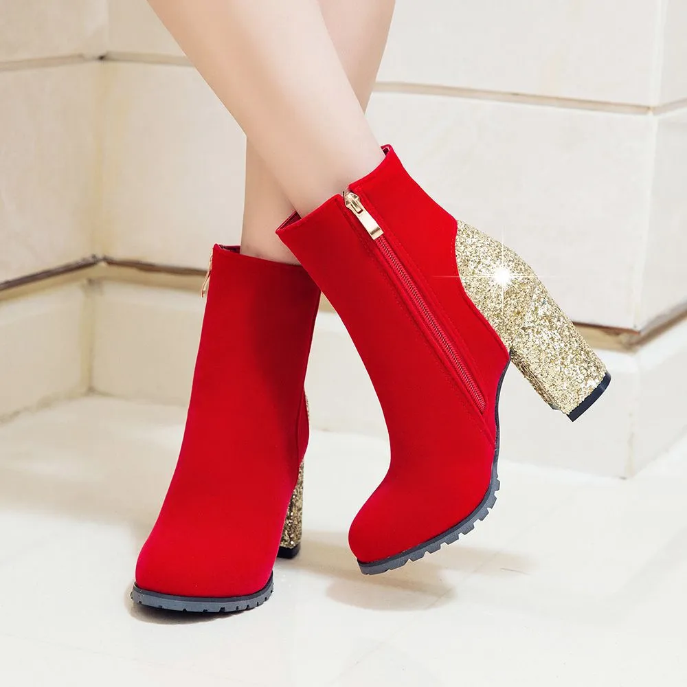 Women sequin chunky heel fashion side zipper short boots