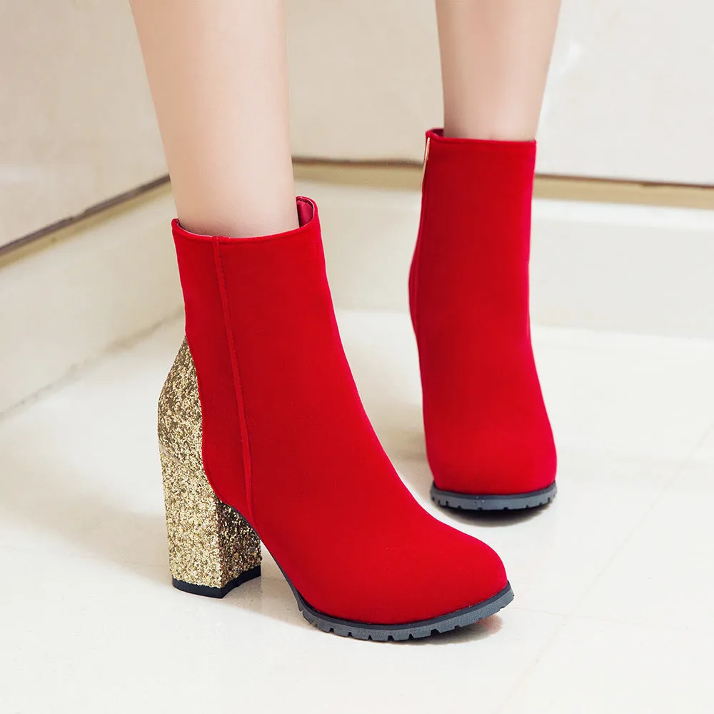 Women sequin chunky heel fashion side zipper short boots