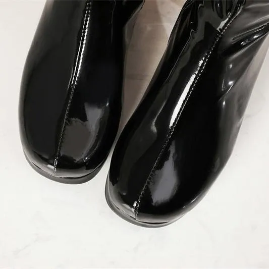 Women solid color block heel platform PU patent leather boots