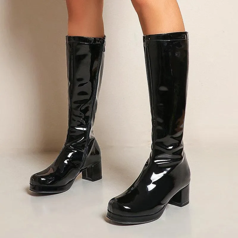 Women solid color block heel platform PU patent leather boots