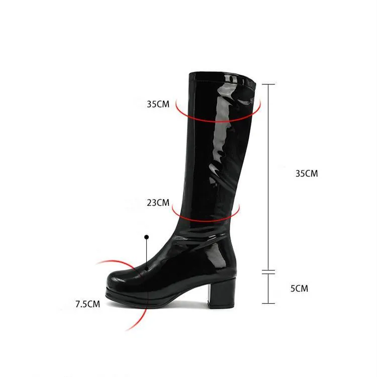 Women solid color block heel platform PU patent leather boots