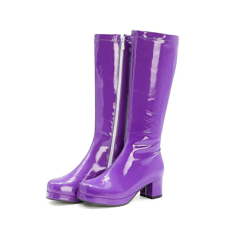 Women solid color block heel platform PU patent leather boots