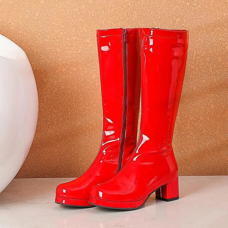 Women solid color block heel platform PU patent leather boots