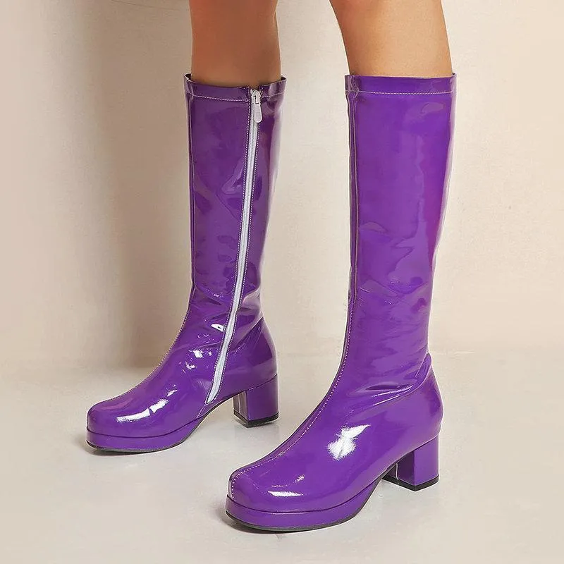 Women solid color block heel platform PU patent leather boots