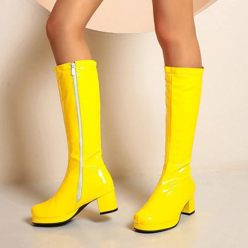 Women solid color block heel platform PU patent leather boots