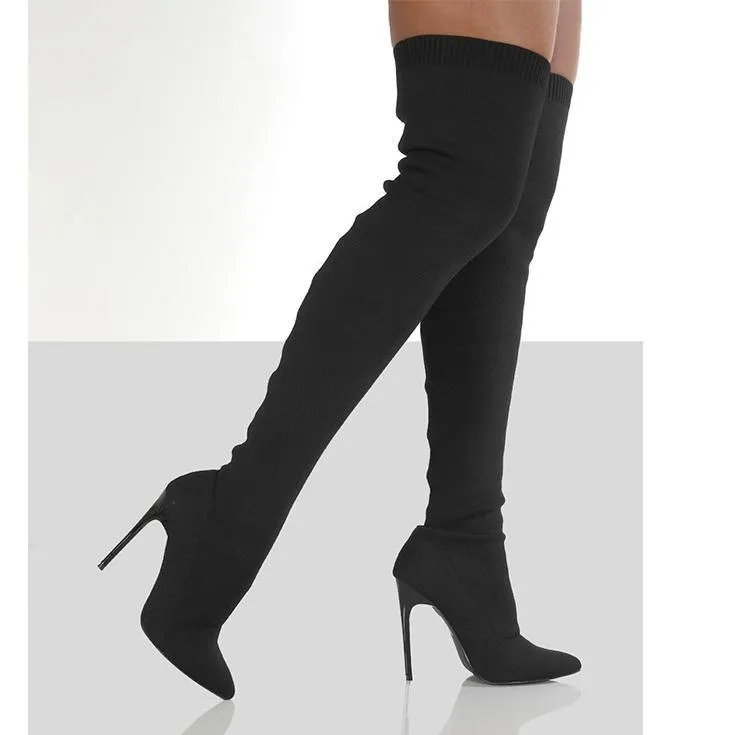 Women stiletto high heel pointed toe knit slip on over the knee boots