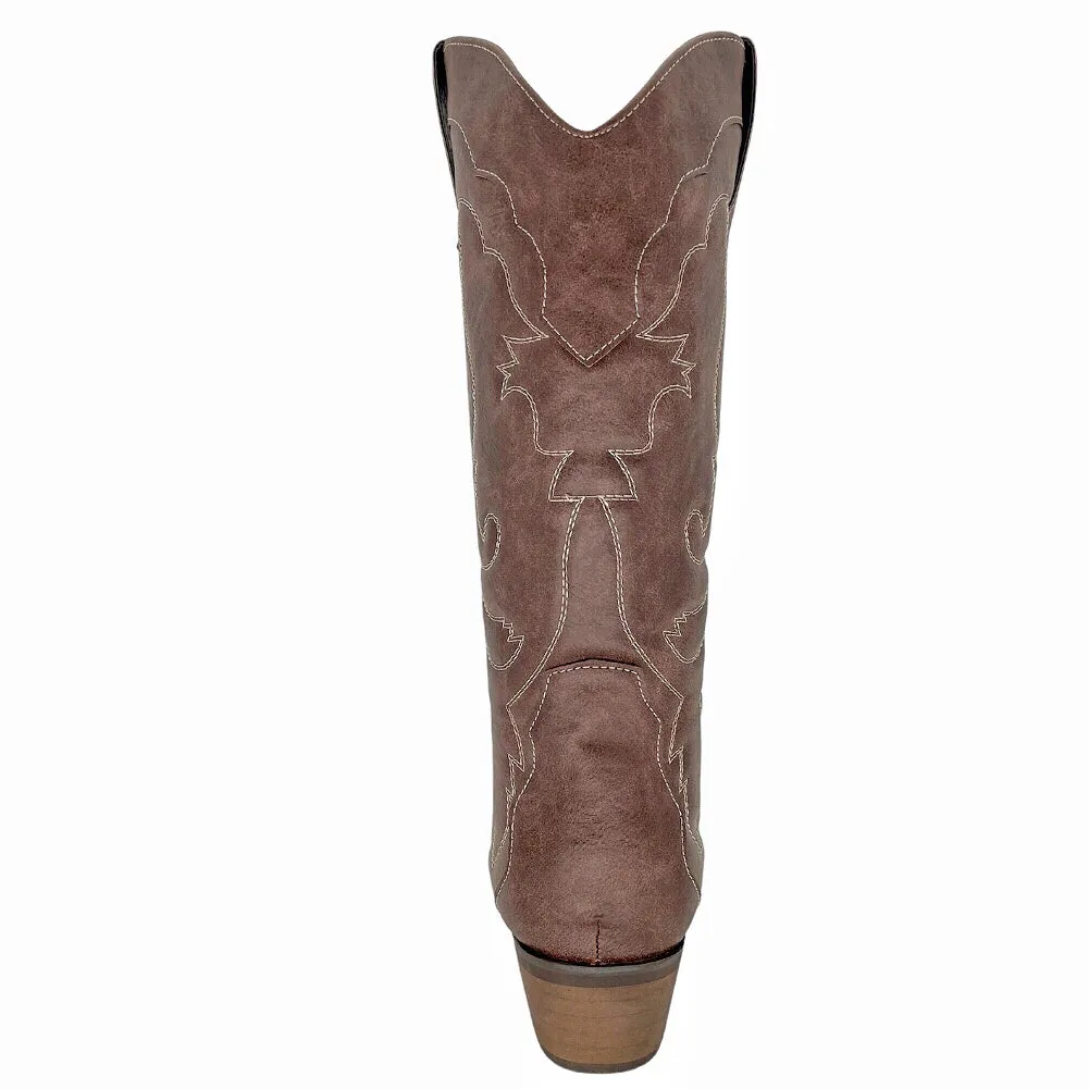 Womens Cowgirl Cowboy Boots Wide Calf Snip Toe Brown