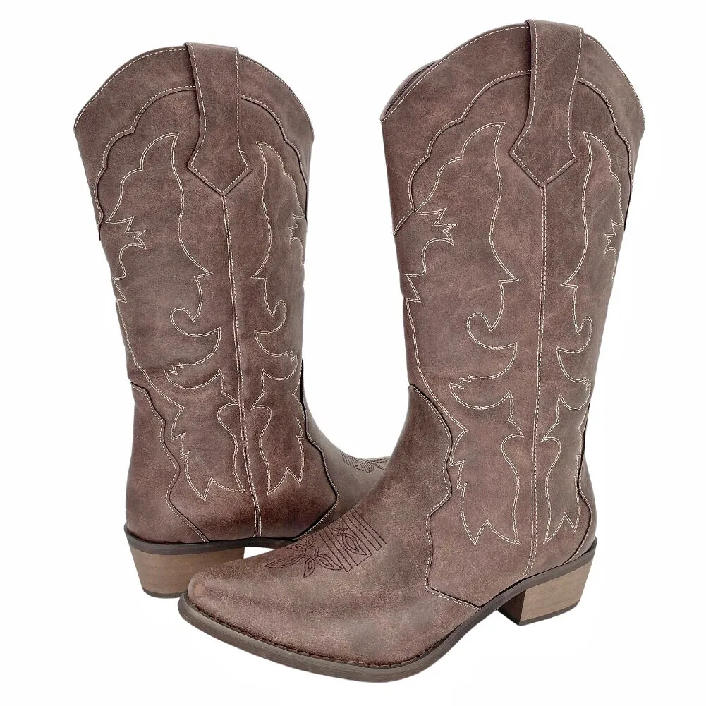 Womens Cowgirl Cowboy Boots Wide Calf Snip Toe Brown