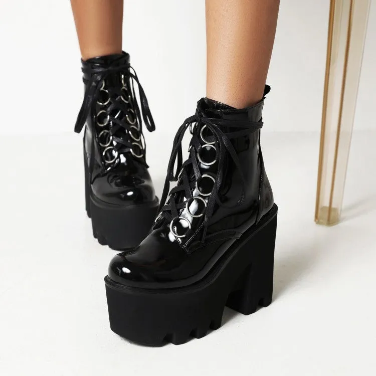 Women's Glossy Round Toe Lace Up Block Chunky Heel Platform Ankle Boots