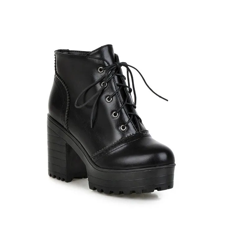 Women's Glossy Round Toe Lace Up Block Chunky Heel Stitch Platform Short Boots