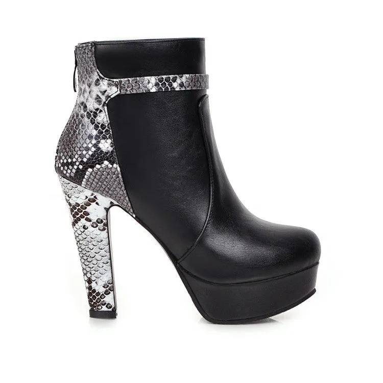 Women's Pu Leather Snake Pattern Chunky Heel Platform Short Boots