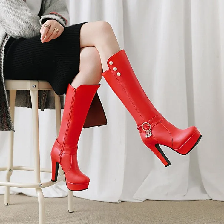 Women's Rivets Pearls Side Zippers Buckle Straps Block Chunky Heel Platform Knee High Boots